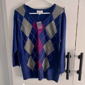 Women's Classic Blue and Pink Argyle v-neck Sweater large